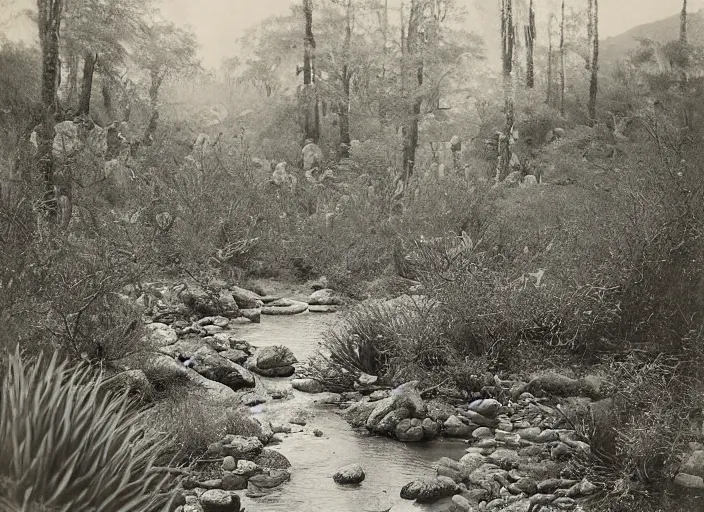 Prompt: Overlook of a river flowing through a cactus forest, albumen silver print by Timothy H. O'Sullivan.