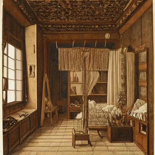 Prompt: very detailed interior of a building, bedroom of an artist in the style of Gregorius Sickinger (1558–1631), Swiss painter, draftsman and engraver