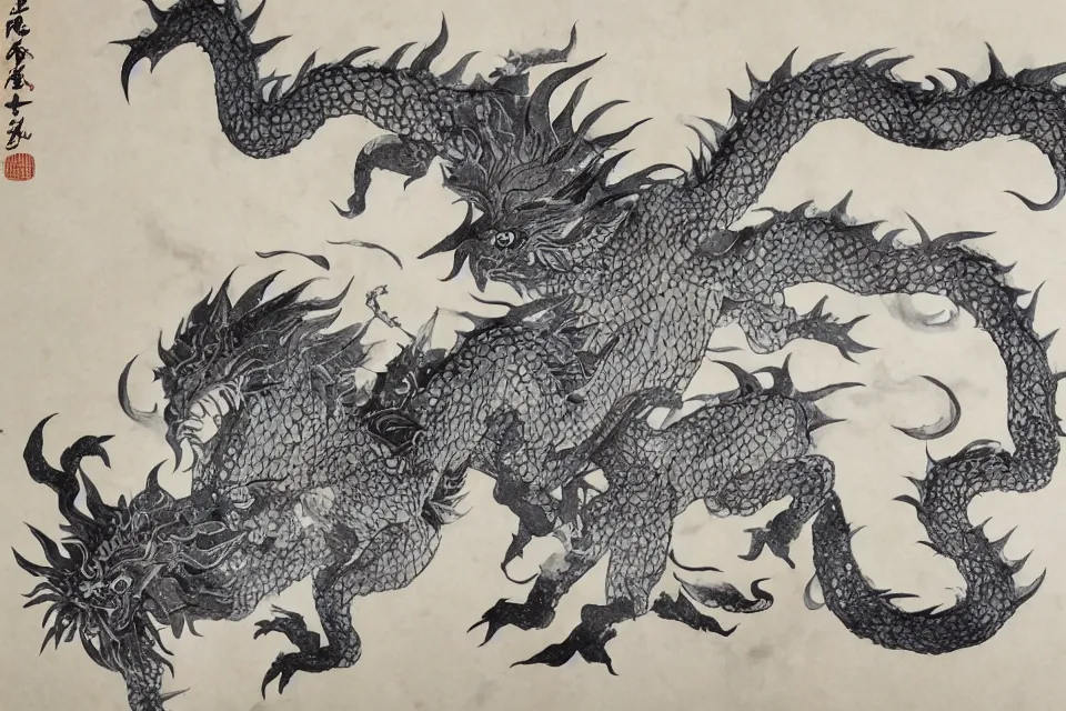 Prompt: mythical monsterss, traditional chinese ink painting, yellowing paper.