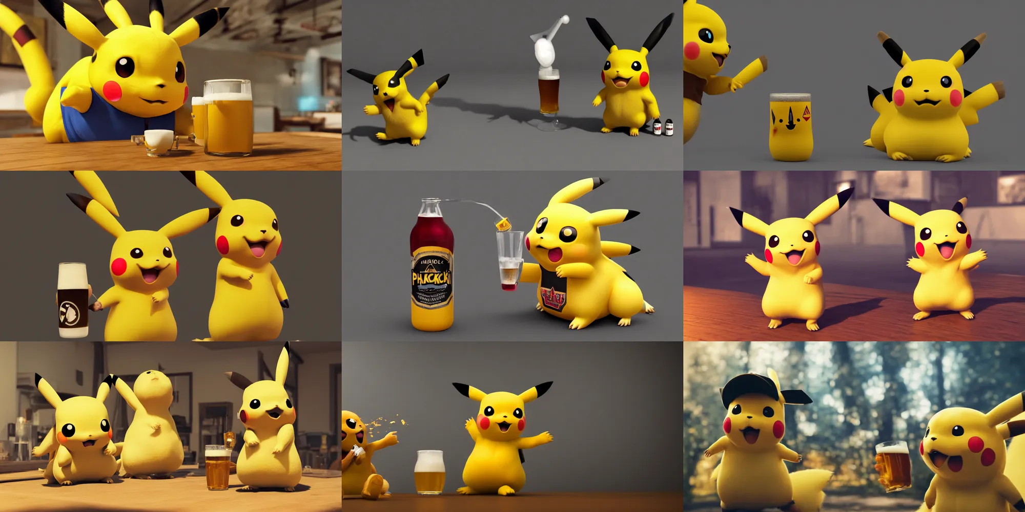 Prompt: a realistic Pikachu drinking beer, digital art, wide shot, highly detailed, hyperrealistic, photorealistic, unreal engine 5, very detailed, made by a professional 3d artist, dynamic lighting, trending on artstation, 4k uhd, epic composition, masterpiece