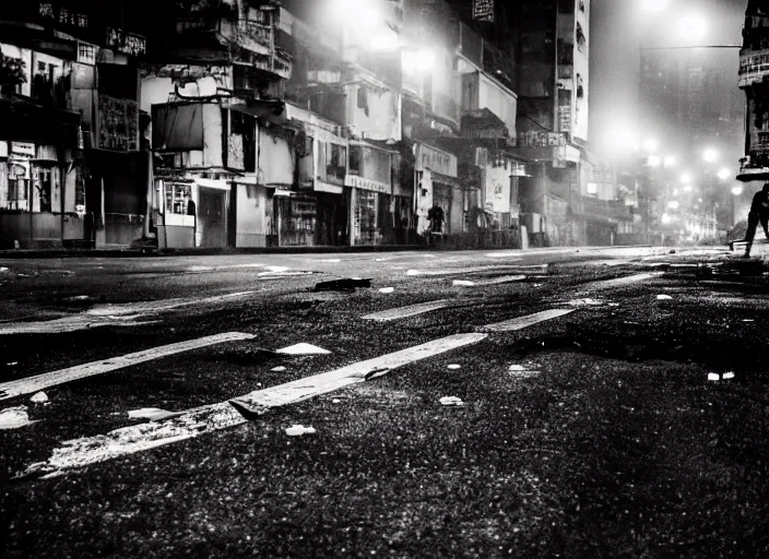 Prompt: dirty, dark, streets of Hong kong, a creepy orange mist through the streets, blood stains on the floor, debris on the floor, cinematic lighting, ,