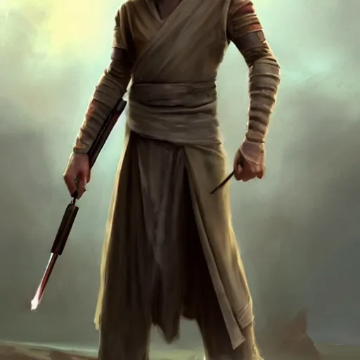 Image similar to a young blonde male jedi with short hair looking away at a threat full body shot concept art by Doug Chiang cinematic concept art, realistic painting, high definition, digital art, matte painting, symmetrical, very detailed, realistic, dramatic lighting, cinematic, establishing shot, extremely high detail, photo realistic, cinematic lighting, post processed, concept art, artstation, matte painting, red color scheme