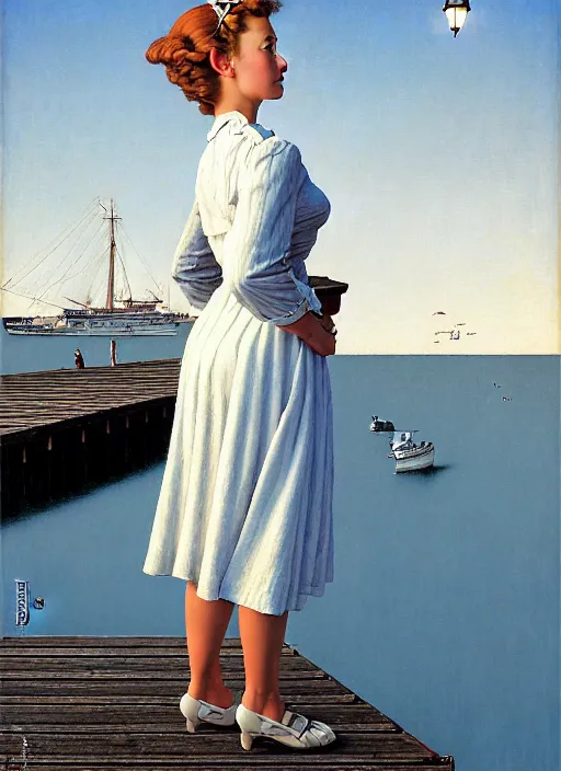 Image similar to a fancy beautiful young lady standing on a wharf at the edge of the sea by rob gonsalves and gil elvgren and harry ekman and george petty and hilo chen and norman rockwell, crisp details, hyperrealism, high detail, high contrast, low light, grey mist, cobblestones, dim lantern