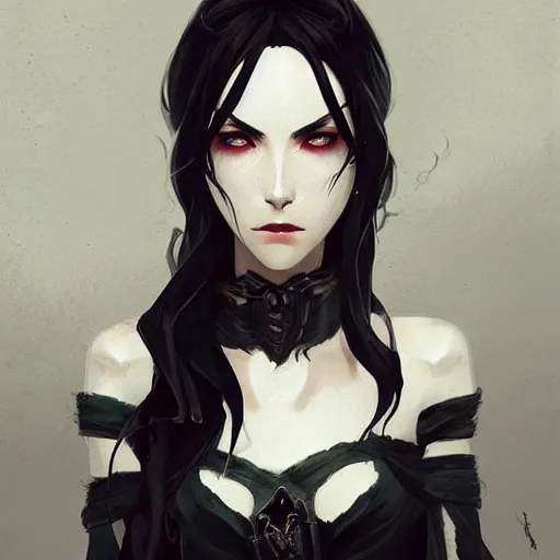 Prompt: female human vampire witch in the style of greg rutkowski, makoto shinkai, trending on artstation, character design, concept art, pretty face, highly detailed, long black hair, portrait, digital art