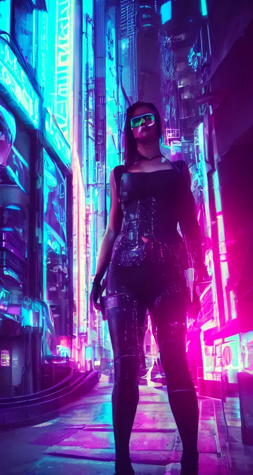 Image similar to cyberpunk women, neon lights, city, glow, sunset, retrowave style,