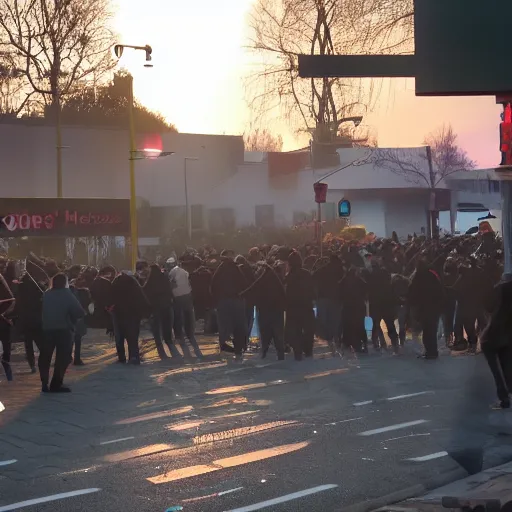 Prompt: crazy mob attacking a mcdonalds with torches and pitchforks in the morning as the sun rises over the horizon