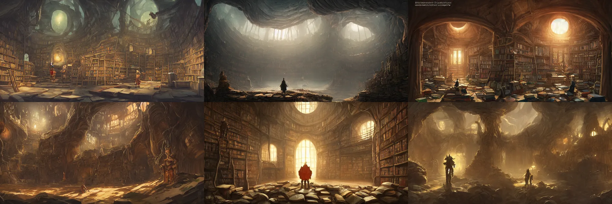 Prompt: Explorers discover a vast library, fantasy, wide shot, trending on artstation