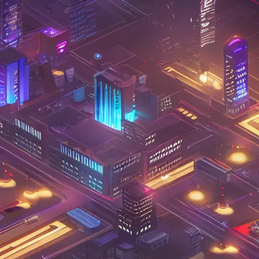 Prompt: wide angle isometric futuristic city at night bladerunner unreal engine zoomed out