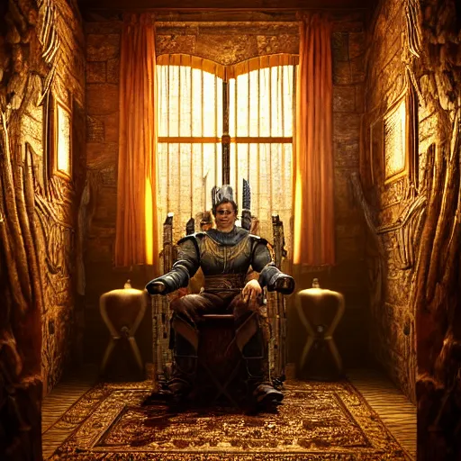 Image similar to the elder scrolls vi majestic gracious jarl portrait, rustic throne room, painted, dark room, one point of light coming through the window, atmospheric lighting, painted, intricate, volumetric lighting, beautiful, golden hour, sharp focus, ultra detailed, by mark kent, jordan lamarre - wan, igor kieryluk, maxim verehin, miranda meeks