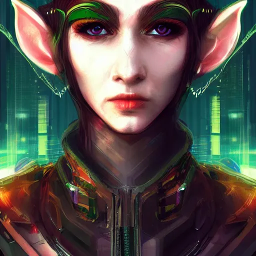 Prompt: portrait of an elf in a cyberpunk style, futuristic, digital art, highly-detailed artstation cgsociety masterpiece