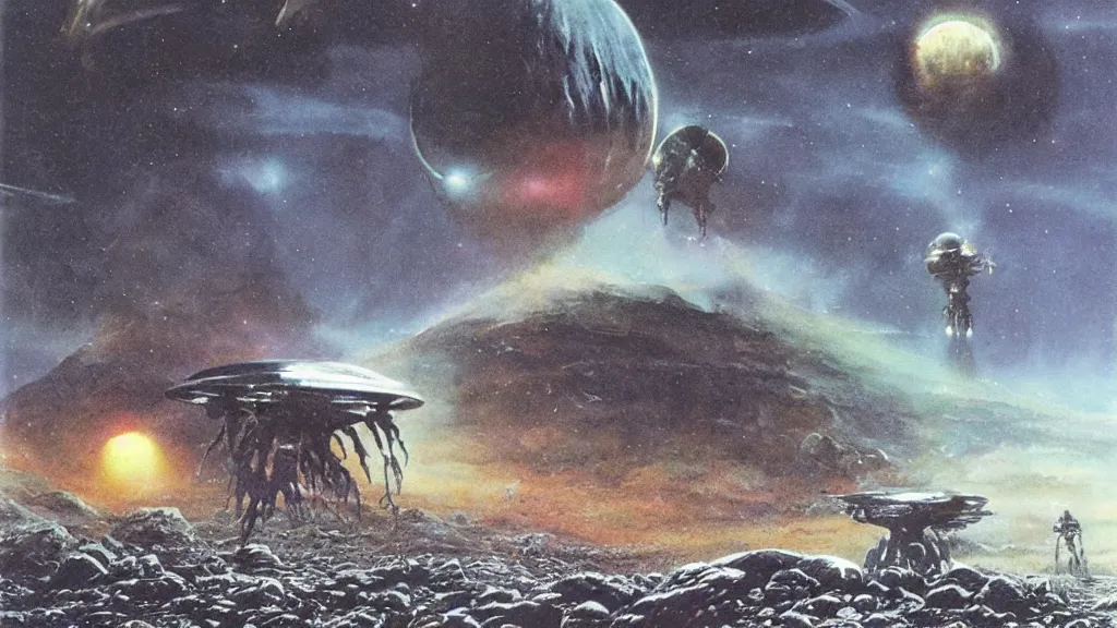 Prompt: eerie atmospheric alien planet with a small organic dropship landing by jack gaughan and bob eggleton and chris moore, epic cinematic matte painting