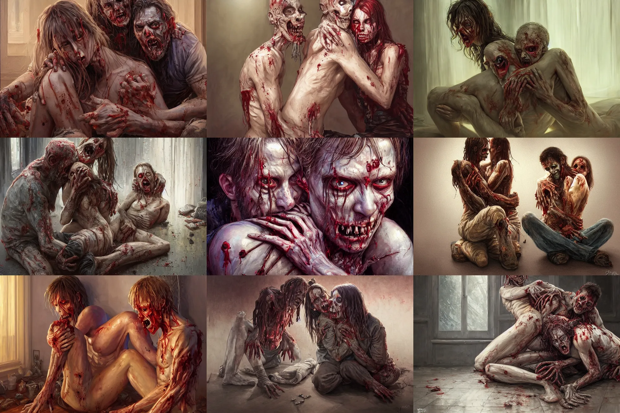 Prompt: zombie man sitting on the floor while devouring a woman, hugging each other in living room of a modern house | wide angle | highly detailed | very intricate | symmetrical | cinematic lighting | award - winning | closeup portrait | painted by donato giancola and mandy jurgens and rossdraws and karla ortiz | featured on artstation