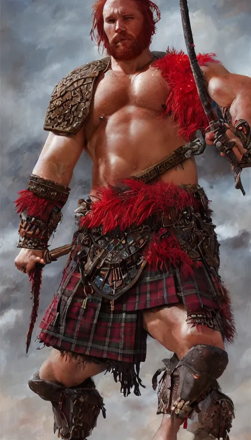 Image similar to bulky muscular scottish warrior with red hair and a kilt, tribal blood red war paintings on his chest, bronze plate armor, 4 k oil on linen by wlop, artgerm, andrei riabovitchev, nuri iyem, james gurney, james jean, greg rutkowski, highly detailed, soft lighting 8 k resolution