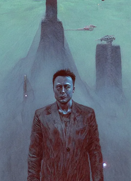 Image similar to A painting of Elon Musk in style of Beksinski. Very detailed