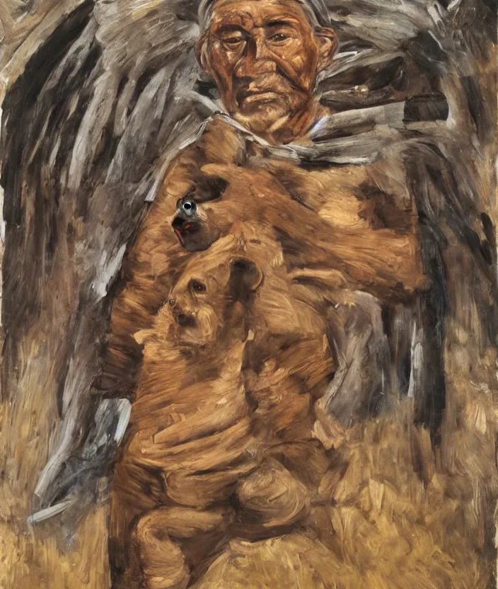 Image similar to indigenous man carrying a bear, painted by lucian freud, hd, super detailed, realistic, muted colors