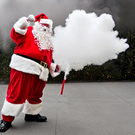 Image similar to a mall santa exhaling a large smoke cloud from his bong, award winning professional candid photography