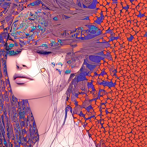 Prompt: the head of an incredibly beautiful woman partially made of carrots and blueberries, an ultrafine detailed illustration by james jean, final fantasy, intricate linework, bright colors, behance contest winner, vanitas, angular, altermodern, unreal engine 5 highly rendered, global illumination, radiant light, detailed and intricate environment