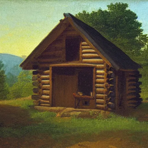 Image similar to Woodcutter Cabin in 1750,viewed by Thoreau, in the style of the Hudson River School