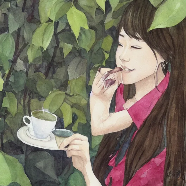 Prompt: hanako tanaka drinking coffee in the botanical garden. watercolor by the award - winning concept artist