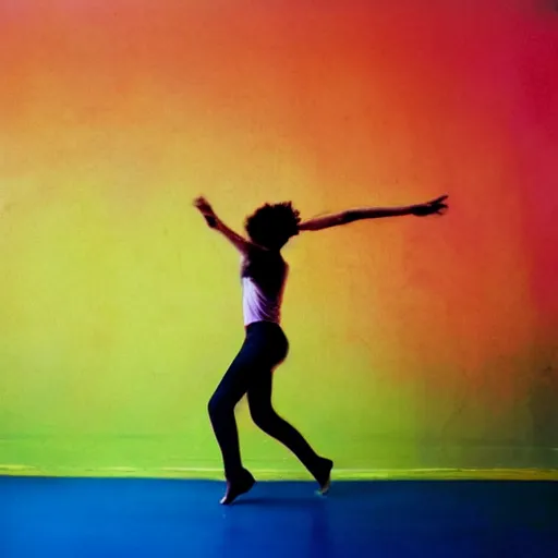 Prompt: photographs with silhouette of a person frenetically dancing, in a bright environment, blurry, smudgy, in the style of philippe halsman, psychedelic