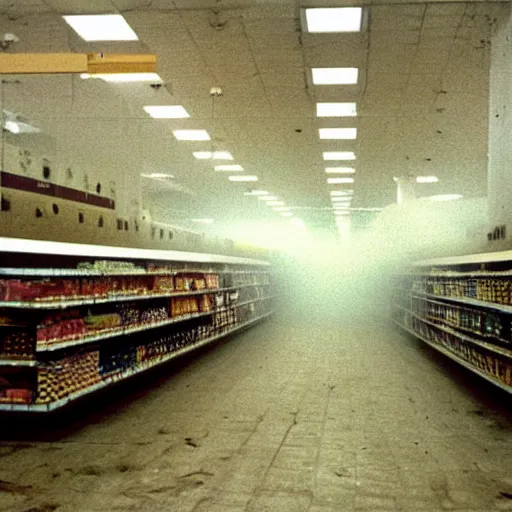 Prompt: an empty grocery store with lots of fog, 1 9 9 0 s photo