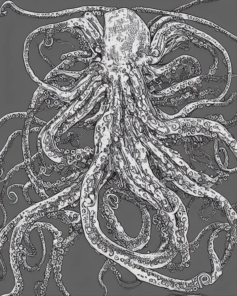 Image similar to a detailed scientific anatomical illustration of an alien cybernetic octopus made of eurorack synthesizers