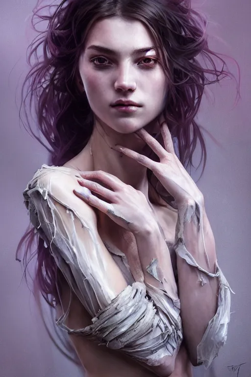 Image similar to body portrait of a gorgeous ghost princess, wearing torn clothes, by terry o'neill intricate, elegant, highly detailed, digital painting, glistening skin, artstation, concept art, smooth, sharp focus, contrasting lighting, bright colors, dark background, illustration, art by artgerm and greg rutkowski and alphonse mucha, 8 k