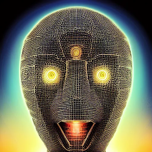 Image similar to an insanely detailed cibernetic artwork of a futuristic artificial intelligence superstar, centered image, perfectly symmetrical alien face, with frames made of detailed fractals, octsne render, 4k, insanely detailed, detailed grid as background, cgi