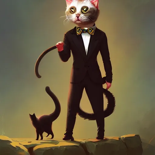 Image similar to cute fashion vogue kittycat man man wearing a cat costume wearing a tuxedo ripped physique anna podedworna gerald brom bastien grivet greg rutkowski portrait