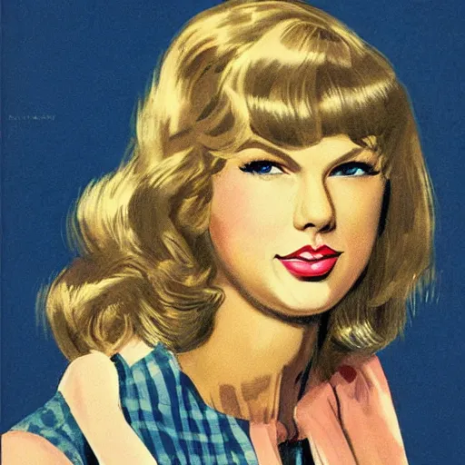 Image similar to “Taylor Swift portrait, color vintage magazine illustration 1950”