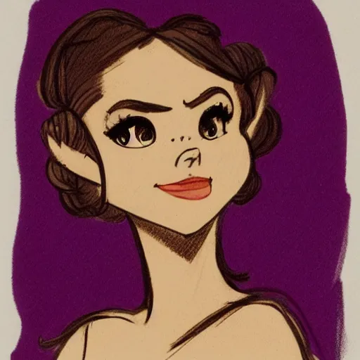 Image similar to milt kahl sketch of vanessa hudgeons with done up hair, tendrils covering face and ponytail as princess padme from star wars episode 3