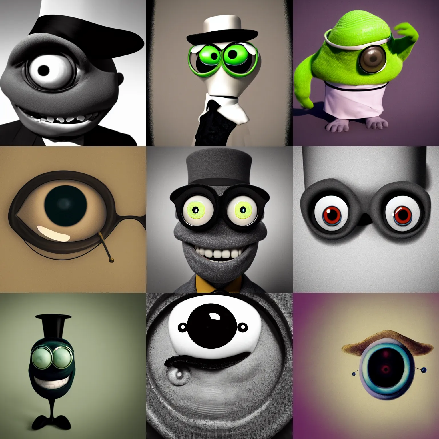 Prompt: Mike Wazowski wearing a monocle and top hat, old photography, realism, hyperrealism, trending on artstation, 4k