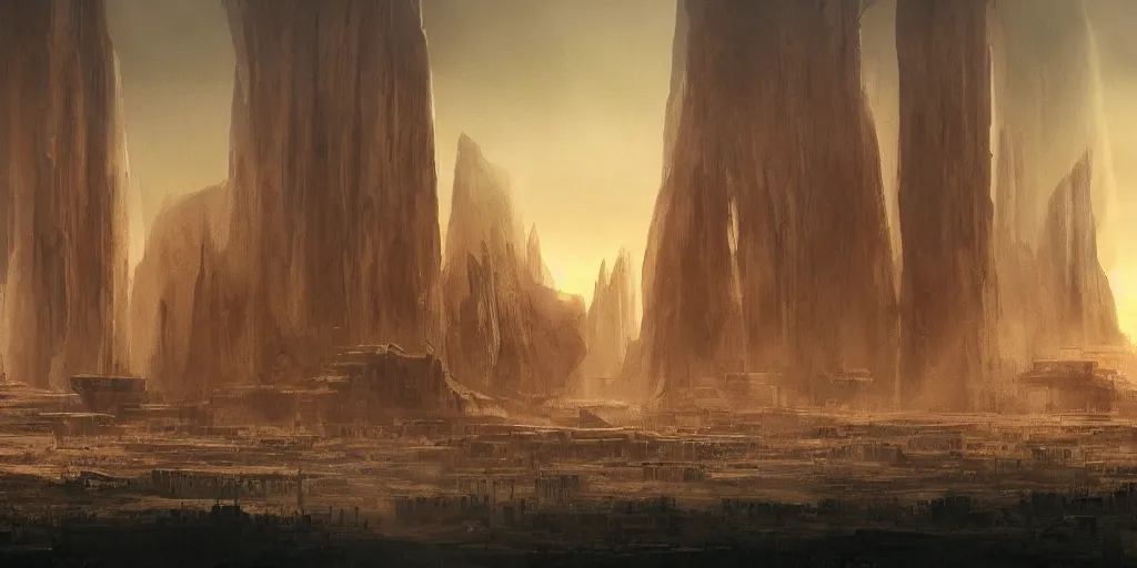 Image similar to city and temples of arrakis, but it is an oasis with trees and water, arrakeen, arab architectural and brutalism and gigantism, from frank herbert novels, composition idea concept art for movies, style of denis villeneuve and greg fraiser