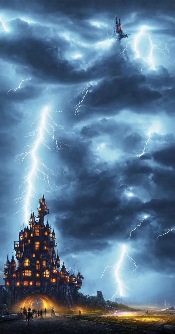 Prompt: realistic photo of lightening strike on futuristic big one castle, dark night background, sharp focus, wide angle shot, in the style of greg rutswoski, very hyper realistic, highly detailed, fantasy art station