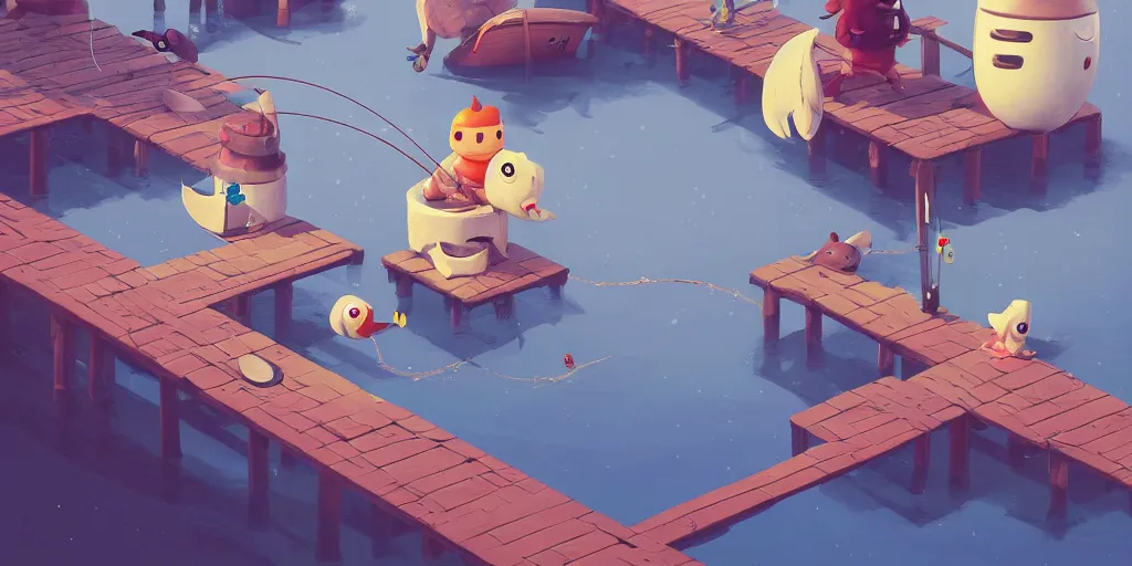 Image similar to cute cartoon monsters fishing on a pier by Goro Fujita and Simon Stalenhag , 8k, trending on artstation, hyper detailed, cinematic