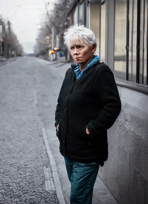 Image similar to color medium shot portrait of 50-year-old woman from Norway with short hair, looking tired, candid street portrait in the style of Rehahn award winning, Sony a7R