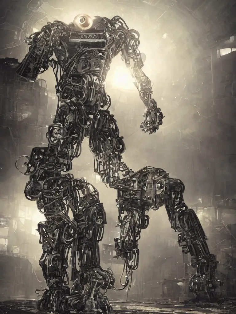 Image similar to portrait of angular metal robot with glowing eyes and a flowing overcoat in an ruined industrial car park, confident pose, coherent, insane detail, concept art, character concept, cinematic lighting, global illumination radiating a glowing aura
