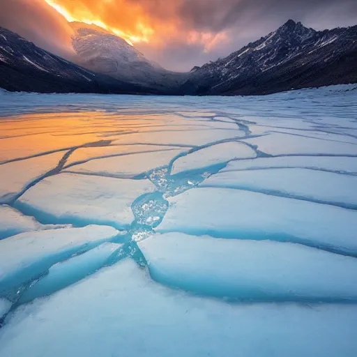 Prompt: amazing landscape photo of A monster trapped under the ice transparent frozen lake at sunset by marc adamus beautiful dramatic lighting