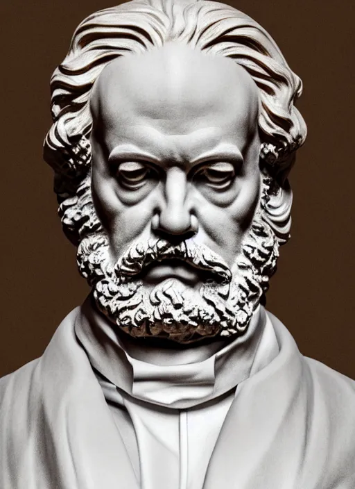 Prompt: a statue made of white marble with gold veins, of karl marx, transhumanism, full body shot, perfect symmetrical body, perfect symmetrical face, hyper realistic, hyper detailed, by johannen voss, by peter kemp, by monia merlo, by michelangelo, by ernst haeckel, by alex grey, octane render, blender, 8 k