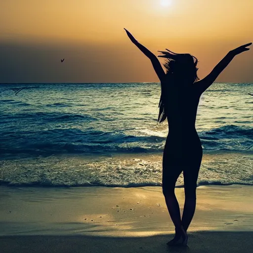 Prompt: beautiful woman tattoos on body dramatic beach cinematic photorealistic sunset,