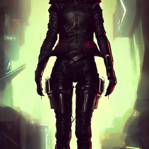 Image similar to full body portrait of an elf woman with elf ears wearing a leather jacket, cyberpunk digital art, dramatic lighting, illustration by Greg rutkowski, yoji shinkawa, 4k, digital art, concept art, trending on artstation