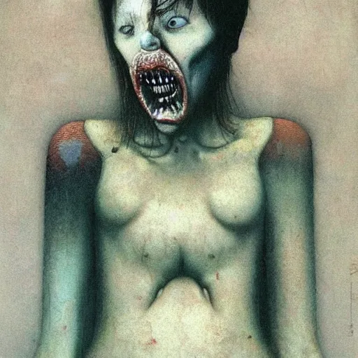 Image similar to cute young female sadistic clown by beksinski