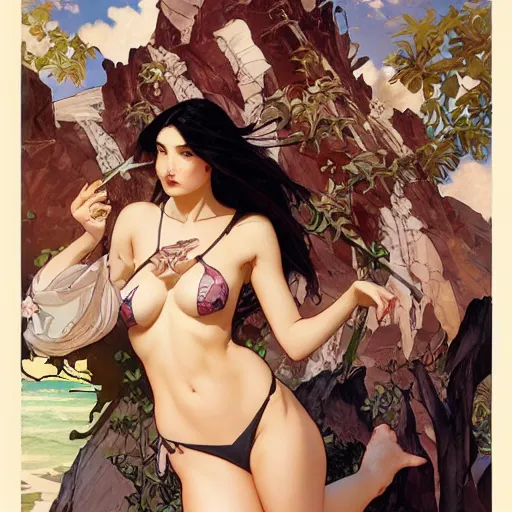 Image similar to dark-haired beauty in bikini styles by artgerm and greg rutkowski and alphonse mucha and J. C. Leyendecker and Edmund Blair Leighton and Katsuhiro Otomo and Geof Darrow and Phil hale and Ashley wood and Ilya repin and Charlie Bowater