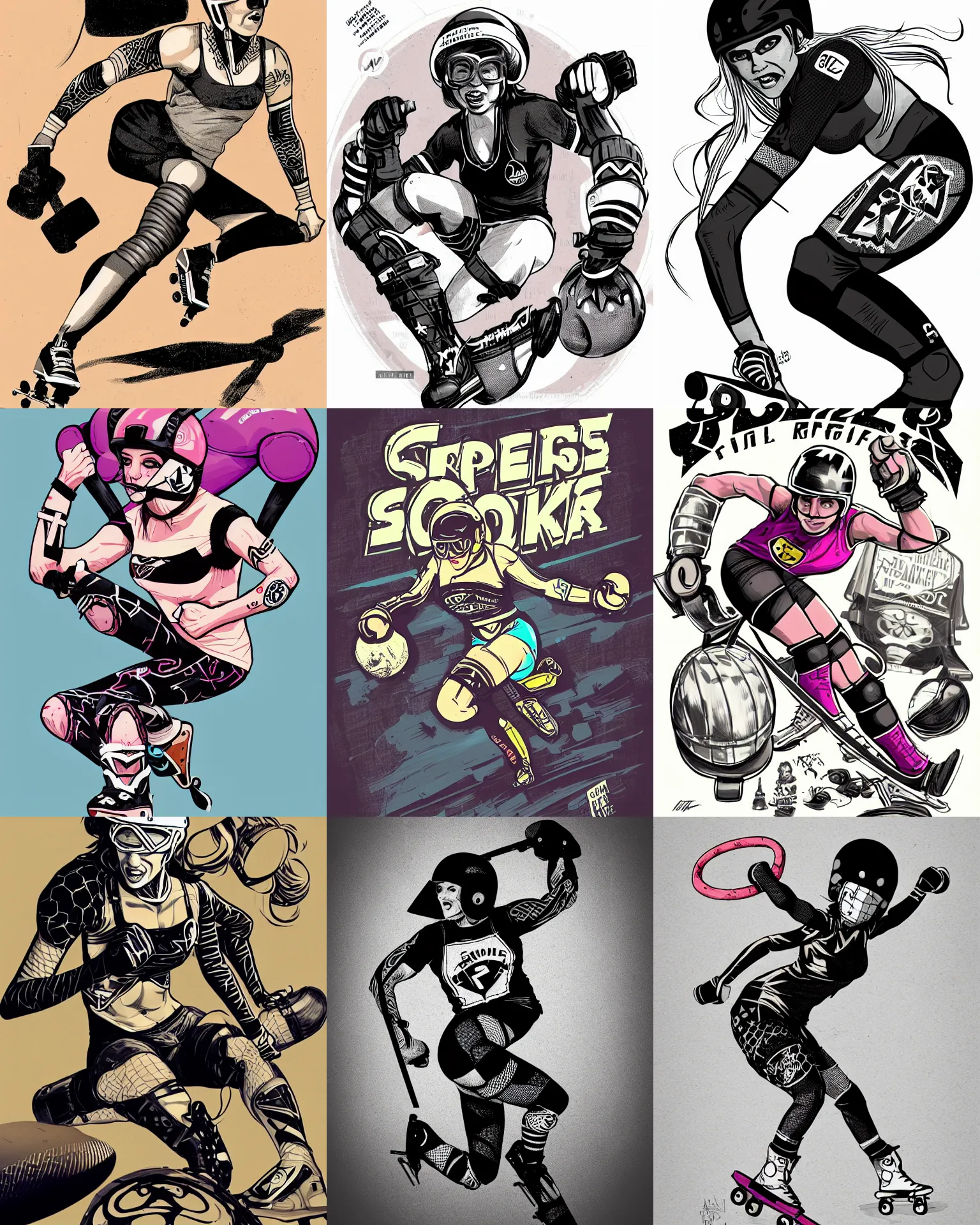 Prompt: logo design, roller derby girl sprinting Cross-Over, wearing skate helmet, knee pads, elbow pads, fishnet tights, showing off biceps, logo illustration by greg rutkowski and mcbess