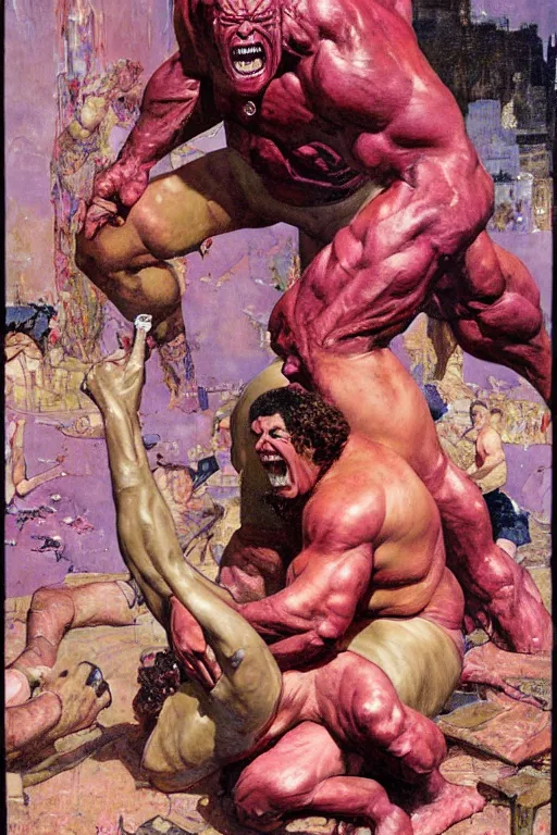 Image similar to portrait of morgan aste as huge pink hulk standing triuphant over dead alien, painted by jack kirby, lawrence alma tadema, norman rockwell, greg staples, wayne barlow, jacob collins, tom lovell, frank schoonover, neville page