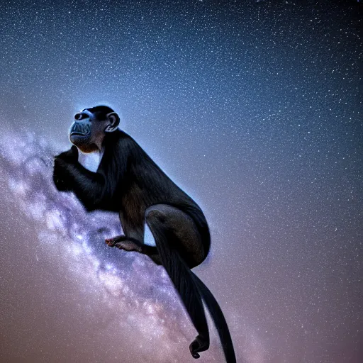 Prompt: a blue chimp is laying on his back, looking at the stars, 4 k, photo, beautiful