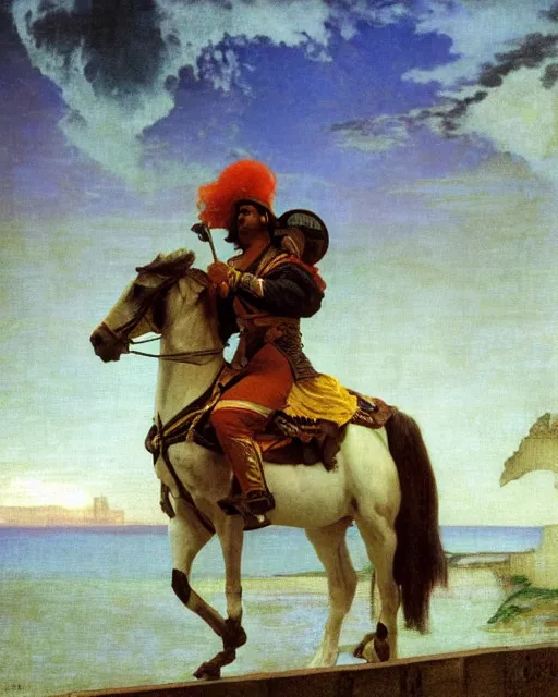 Image similar to Magician riding a horse leaving the castle through the bridge, thunderstorm, beach ocean on the background major arcana sky, by paul delaroche, alphonse mucha, arnold böcklin,hyperrealistic 8k, very detailed, portrait