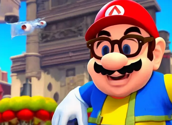 Prompt: video game still of!!!! danny devito danny devito danny devito wearing his glasses!!!! as mario in the video super mario odyssey,