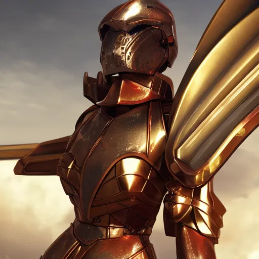 Image similar to picture of metal armored valkyrie, crimson plated, sword and shield, golden wings, divine vibes, light brown hair, white skin, shiny golden eyes, sky background, sharp focus, highly detailed, cinematic lighting, studio quality, smooth render, unreal engine 5 rendered, octane, rendered