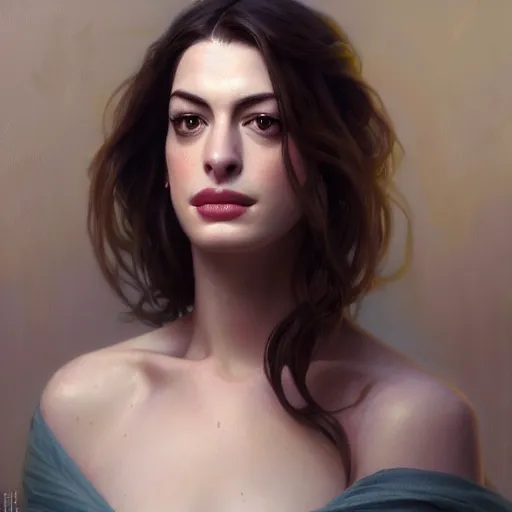 Image similar to a portrait painting of anne hathaway / rachel lane hybrid in the oil painting unreal 5 daz. rpg portrait, extremely detailed artgerm greg rutkowski alphonse mucha vladimir volegov